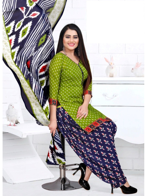 

INDIAN HERITAGE Green & Purple Printed Silk Crepe Unstitched Dress Material