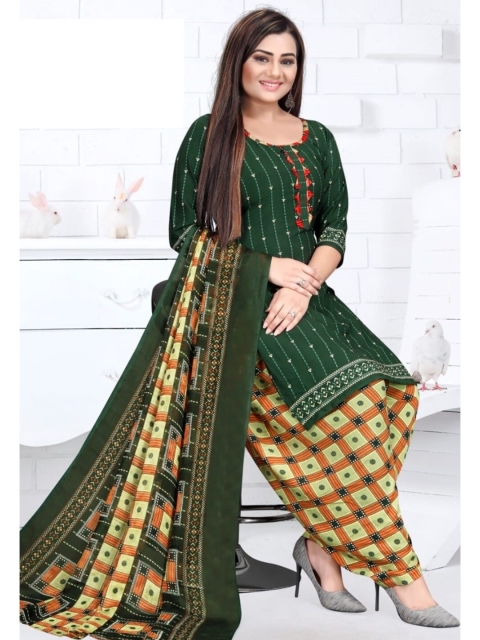

INDIAN HERITAGE Green & Brown Printed Silk Crepe Unstitched Dress Material