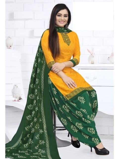 

INDIAN HERITAGE Yellow & Green Printed Silk Crepe Unstitched Dress Material