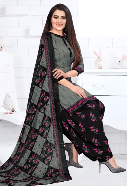

INDIAN HERITAGE Grey & Pink Printed Silk Crepe Unstitched Dress Material