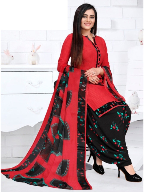

INDIAN HERITAGE Red & Blue Printed Silk Crepe Unstitched Dress Material