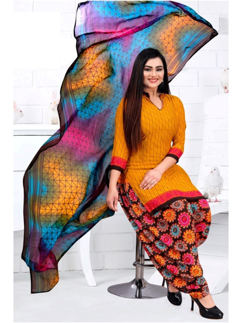 

INDIAN HERITAGE Yellow & Blue Printed Silk Crepe Unstitched Dress Material