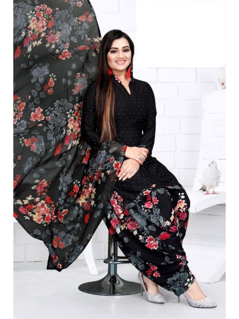

INDIAN HERITAGE Black & Pink Printed Silk Crepe Unstitched Dress Material
