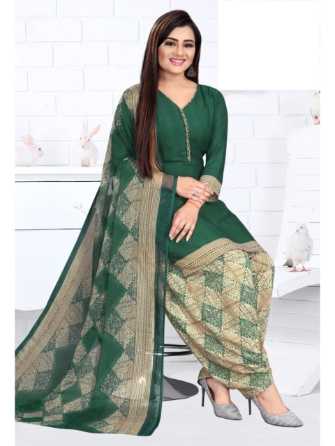 

INDIAN HERITAGE Green & Cream-Coloured Printed Silk Crepe Unstitched Dress Material
