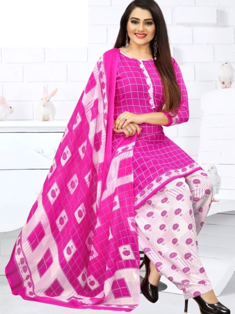 

INDIAN HERITAGE Pink & White Printed Silk Crepe Unstitched Dress Material