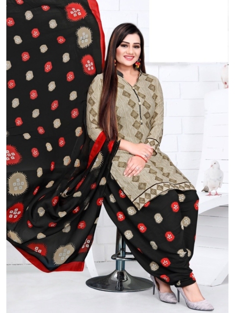 

INDIAN HERITAGE Khaki & Black Printed Silk Crepe Unstitched Dress Material