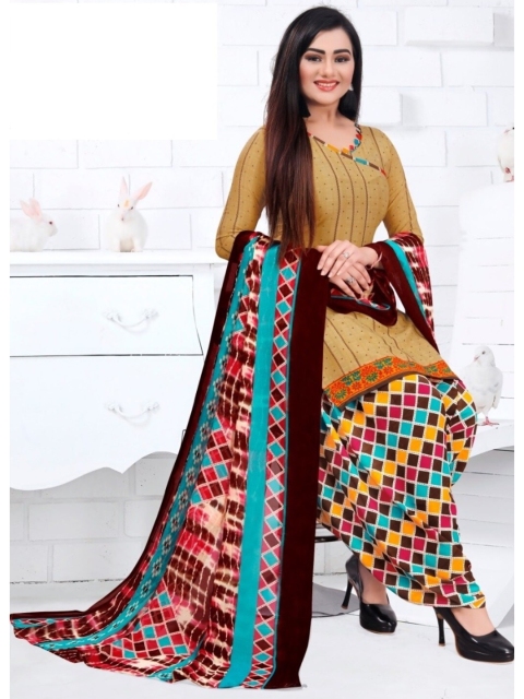 

INDIAN HERITAGE Khaki & Red Printed Silk Crepe Unstitched Dress Material
