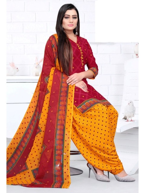 

INDIAN HERITAGE Red & Orange Printed Silk Crepe Unstitched Dress Material