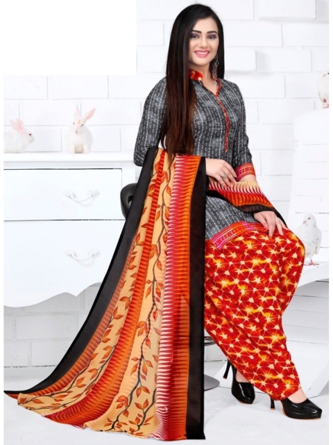 

INDIAN HERITAGE Black & Red Printed Silk Crepe Unstitched Dress Material