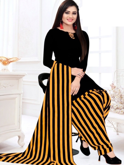 

INDIAN HERITAGE Women Black & Yellow Printed Silk Crepe Unstitched Dress Material