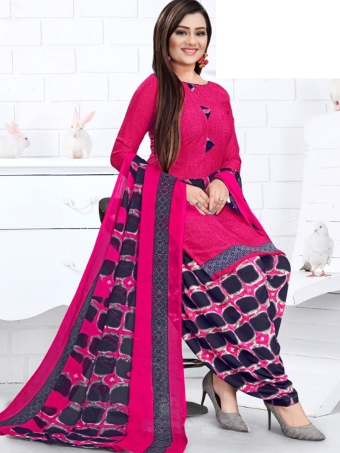 

INDIAN HERITAGE Pink & Blue Printed Silk Crepe Unstitched Dress Material