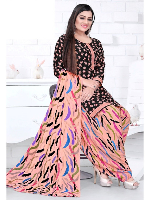 

INDIAN HERITAGE Black & Purple Printed Silk Crepe Unstitched Dress Material