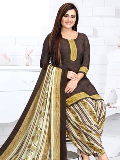 

INDIAN HERITAGE Brown & Beige Printed Silk Crepe Unstitched Dress Material
