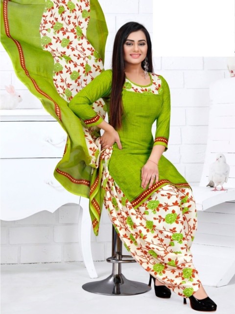 

INDIAN HERITAGE Green & Red Printed Silk Crepe Unstitched Dress Material