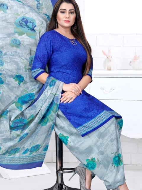 

INDIAN HERITAGE Blue & Green Printed Silk Crepe Unstitched Dress Material