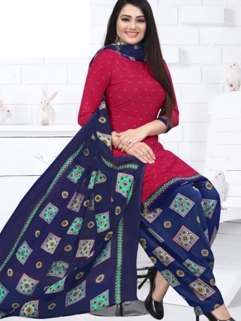 

INDIAN HERITAGE Women Red & Blue Printed Silk Crepe Unstitched Dress Material