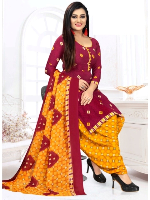 

INDIAN HERITAGE Maroon & Orange Printed Silk Crepe Unstitched Dress Material