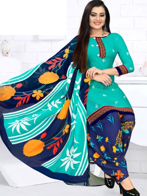 

INDIAN HERITAGE Blue & Mustard Printed Silk Crepe Unstitched Dress Material