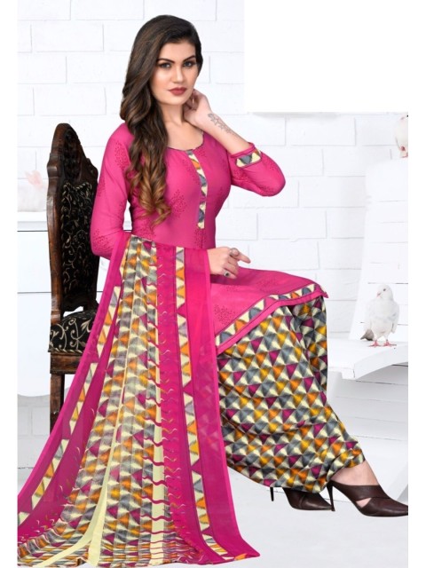 

INDIAN HERITAGE Pink & Yellow Printed Silk Crepe Unstitched Dress Material