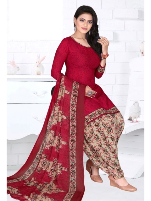

INDIAN HERITAGE Maroon & Beige Printed Silk Crepe Unstitched Dress Material
