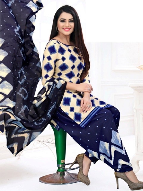 

INDIAN HERITAGE Cream-Coloured & Navy Blue Printed Silk Crepe Unstitched Dress Material