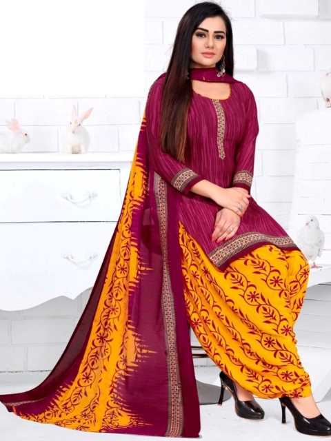 

INDIAN HERITAGE Purple & Mustard Printed Silk Crepe Unstitched Dress Material