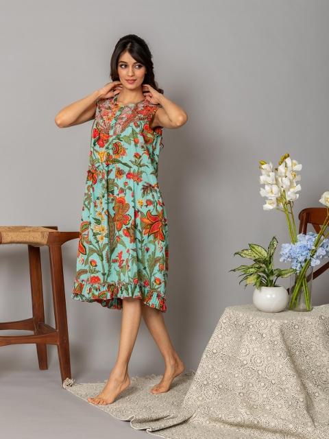 

WESTIFIED Sea Green Floral Embroidered A-Line Dress