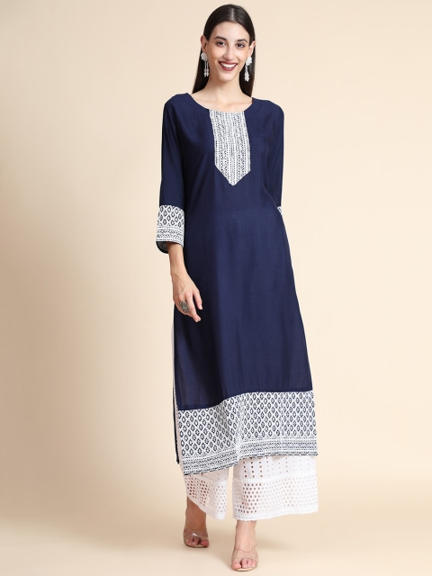 

Color Trends Women Navy Blue Ethnic Motifs Thread Work Kurta