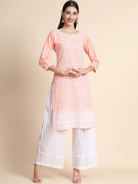 

Color Trends Women Peach-Coloured Ethnic Motifs Cotton Chikankari Kurta