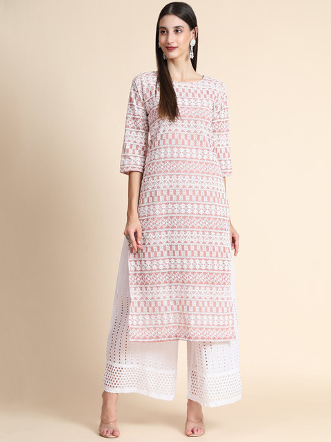 

Color Trends Women Rose Geometric Striped Thread Work Georgette Kurta