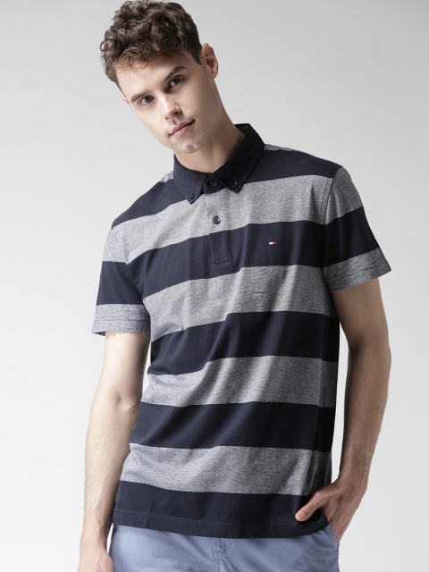 

Tommy Hilfiger Men Navy & Grey Striped Slim Fit Polo T-shirt, Navy blue