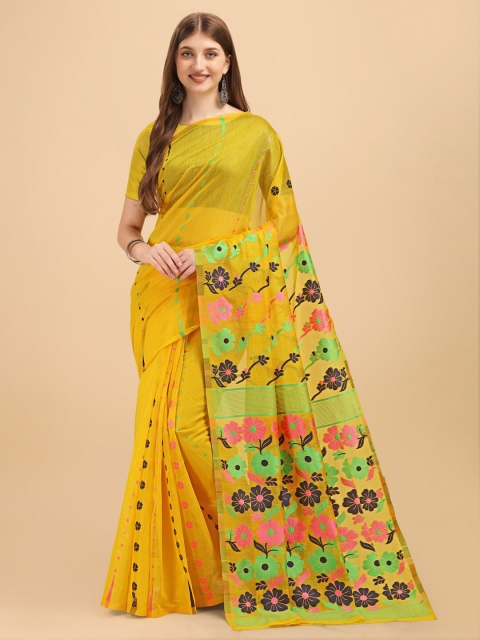 

BESUCHER Yellow & Pink Floral Jamdani Saree
