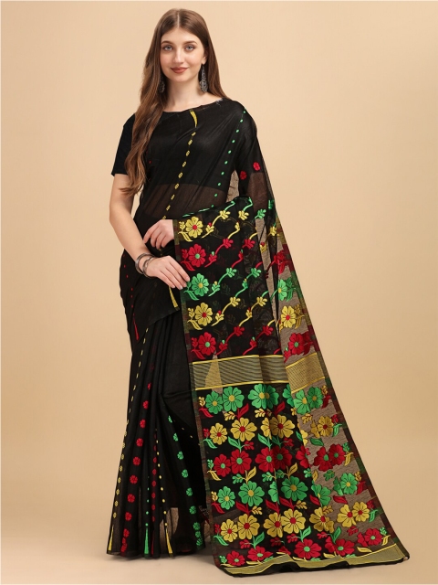 

BESUCHER Black & Green Woven Design Zari Jamdani Saree