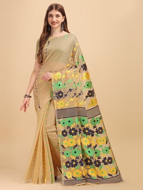 

BESUCHER Cream-Coloured & Green Woven Design Jamdani Saree