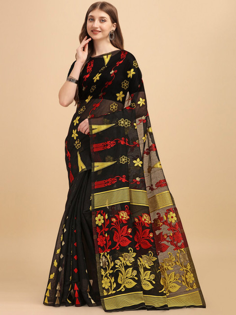 

BESUCHER Black & Red Woven Design Zari Jamdani Saree