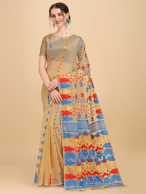 

BESUCHER Cream-Coloured & Blue Ethnic Motifs Jamdani Saree