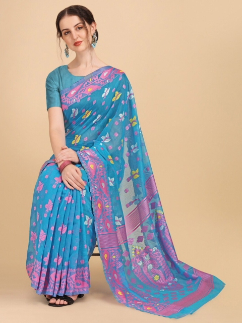 

BESUCHER Teal & Pink Woven Design Jamdani Saree