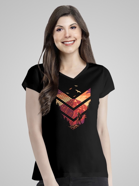 

Pootlu Women Black Printed V-Neck Extended Sleeves T-shirt