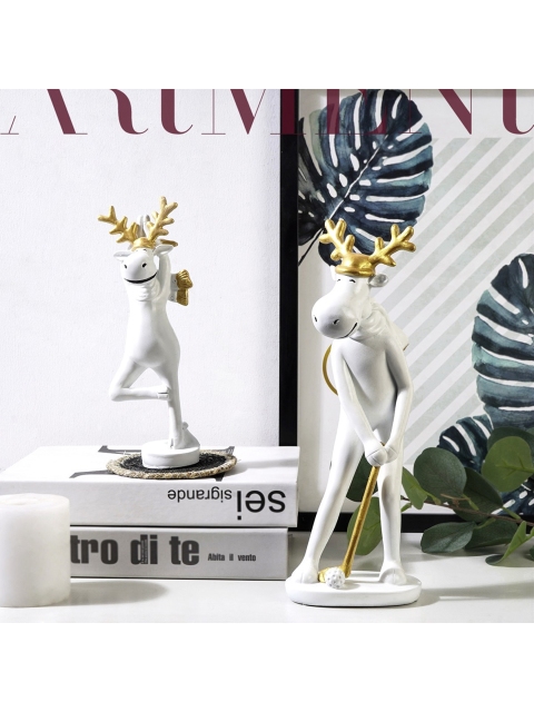 

THE ARTMENT Set Of 2 White Golden Horned Reindeer Showpiece