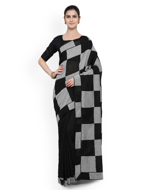 

Inddus Black & Grey Cotton Blend Checked Banarasi Saree