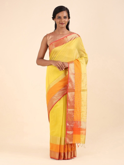 

Taneira Yellow & Gold-Toned Woven Design Zari Silk Cotton Maheshwari Saree