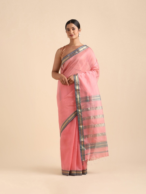 

Taneira Pink & Green Zari Silk Cotton Maheshwari Saree
