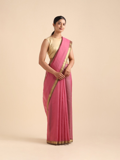 

Taneira Pink & Gold Zari Silk Cotton Maheshwari Saree