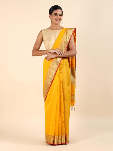 

Taneira Women Yellow & Red Zari Silk Cotton Maheshwari Saree
