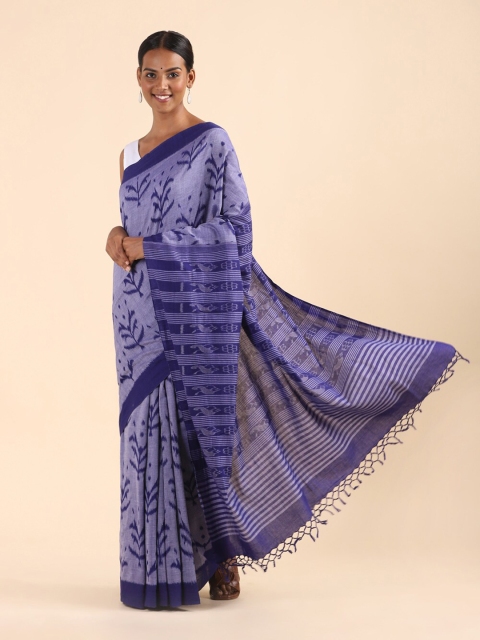 

Taneira Blue & White Striped Pure Cotton Ikat Saree