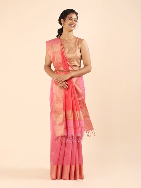 

Taneira Pink & Gold-Toned Zari Silk Cotton Maheshwari Saree