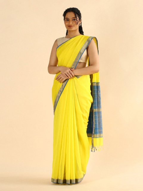 

Taneira Yellow & Blue Zari Silk Cotton Maheshwari Saree