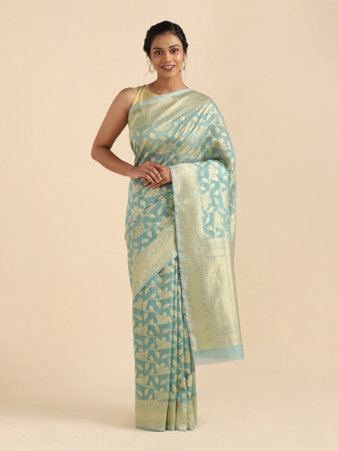 

Taneira Blue & Gold-Toned Woven Design Zari Silk Cotton Banarasi Saree