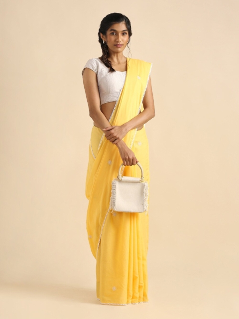 

Taneira Yellow & White Floral Pure Cotton Saree