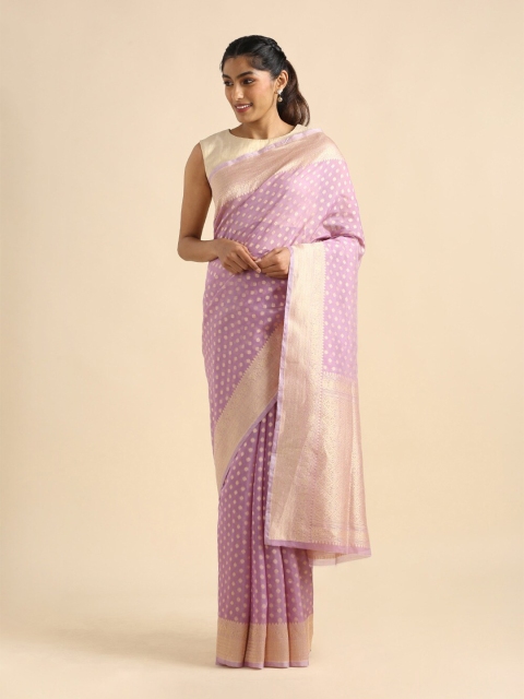 

Taneira Violet & Gold-Toned Woven Design Zari Silk Cotton Banarasi Saree